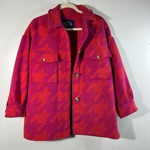 Scoop Wool Blend Heavy Oversized Shacket Pink Houndstooth XS Pocket Pilling
